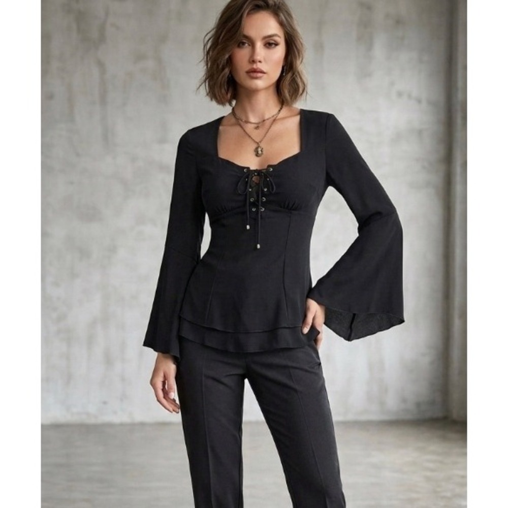 Silkland Black 100% Silk Lace Up Front  Bell Sleeve Blouse Top Large Gothic